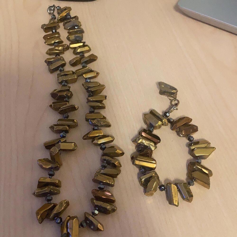 Pyrite Golden Cluster Necklace and Bracelet Set - Picture 2 of 7